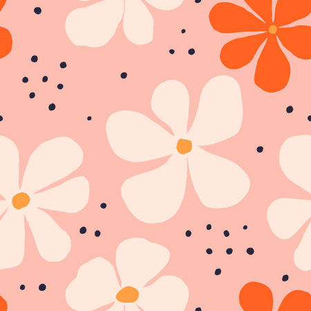 Seamless pattern with flowers and dots. Cute vector background.