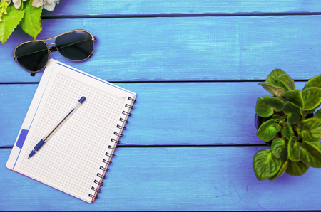 notebook with pen, flowers, glasses on a blue wooden background

の写真素材