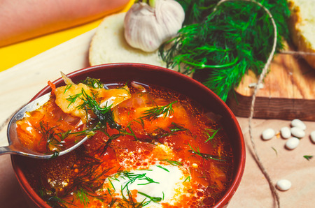 traditional Ukrainian borsch, red beet soup, borshch with beet, Ukrainian and russian national food

の写真素材