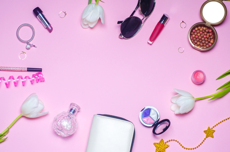 a set of female cosmetics, fashion, style, accessories, glamor, elegance. top view flat layの写真素材