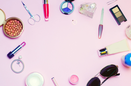 a set of female cosmetics, fashion, style, accessories, glamor, elegance. top viewの写真素材