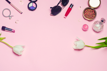 a set of female cosmetics, fashion, style, accessories, glamor, elegance. top view flat layの写真素材