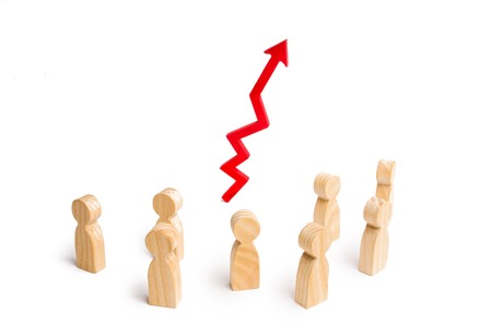Group of people and a red arrow up. The concept of increasing demand for workers and professionals. Statistics. Positive growth of indicators, increase of efficiency of work and well-beingの写真素材