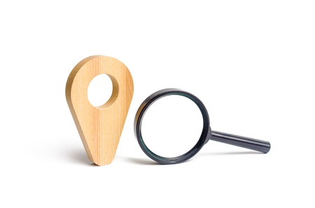 Magnifying glass location marker. Search for the right place or landmark. Navigation and orientation...
