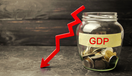 Decline and decrease of GDP - failure and breakdown of economy and finances leading to financial crisis and trouble. Drop in gross domestic productの写真素材