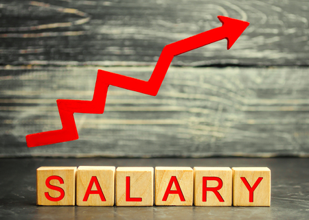 The inscription salary and the red arrow up. increase of salary, wage rates. promotion, career growth. raising the standard of living. increase profits and family budget. wealth conceptの写真素材