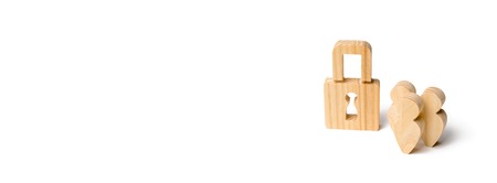 People stand near the padlock. Protection of personal data and cyber protection. Protection of human rights and minorities. Limiting civil liberties, digital dictatorship. Protection networks bannerの写真素材