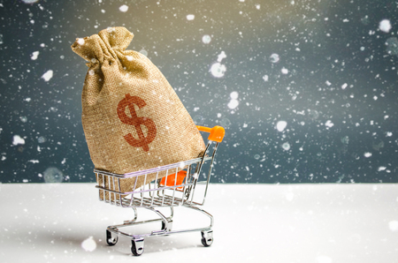 A bag of money in a supermarket trolley. Christmas promotions. Gift certificate for purchase. Contribution and investment. Cashback. Promotion at purchase. Participation in the draw. Frost prices.の写真素材