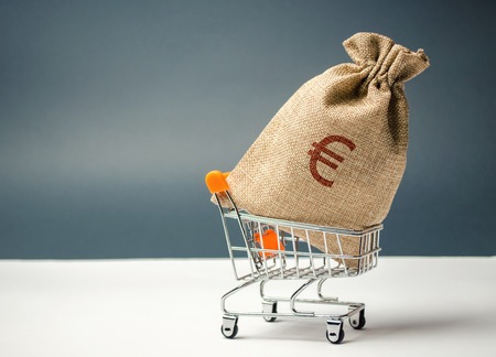 Money bag in supermarket trolley and euro sign. Money Management. Money market. Sale, discounts and low prices. Gift certificate for purchase. Contribution and investment. Cashback. Credit and loanの写真素材