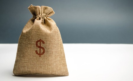Money bag with a dollar sign. Family or company budget concept. Income and profit. The accumulation of capital. Salary savings. Pension payments. Cash savings. Cash managementの写真素材