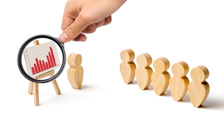 Magnifying glass is looking at the statistics graph. wooden figures of people stand in the formation and listen to their leader. Business training, briefing and inspirational speech. Summing upの写真素材