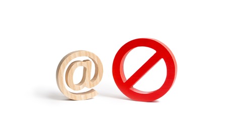 Figure of e-mail or internet and a symbol of prohibition or restriction on an isolated background. blocking access to the World Wide Web, self-isolation and traffic filtering. the great firewall.の写真素材