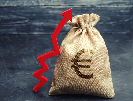 Money bag with a euro sign and a red upward arrow. The concept of business and finance. Profit growth. Revenue analysis. Increase the company's budget. Capital accumulation. Salary increaseの写真素材