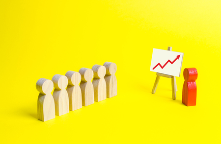 A number of human figures take part in the briefing. The red figure of a man stands near the graph and reads the report. Business processes and planning. Statistics, results and business success.の写真素材