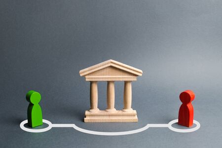 Two figures of people contact in bypassing the state building or bank. Direct negotiations and an...