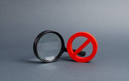 Magnifying glass and symbol NO. Find the information you need, bans and secrecy. Freedom of information and speech. Nonexistent places things. search and inability to find. No search results.の写真素材