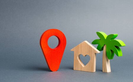 Red marker location and a house of lovers with a palm tree. Quiet and cozy, Choosing a vacation...