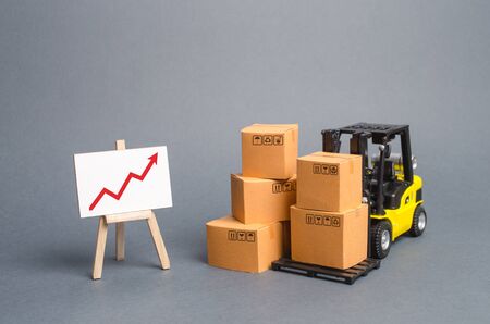 Yellow Forklift truck with cardboard boxes and a red arrow up. Increase sales, production of goods. Improving consumer sentiment, Acceleration of economic growth, business promotion on foreign marketsの写真素材