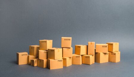 Many cardboard boxes. products, goods, Warehouse, stock. commerce and retail. Freight shipping, deliver. sales of goods and services. E-commerce, sale of goods through online trading platform.の写真素材