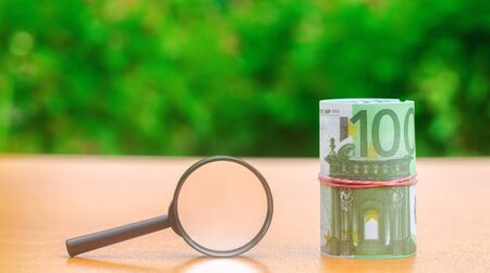 Euro banknotes and magnifying glass. The concept of finding sources of investment and sponsors. Find a money. Charitable funds. Startups and crowdfunding. Search for cheap loansの写真素材