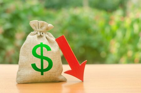 Money bag with dollar symbol and red arrow down. Reduced profits and liquidity of investments. Reduced tax revenues, economic difficulties, departure of capital, investors. Falling wages and welfareの写真素材