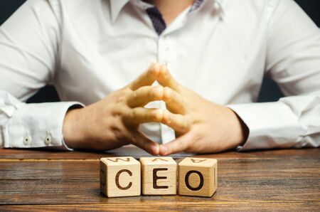 Wooden blocks with the word CEO and businessman. Chief Executive Officer. Boss, top management position in a team or company. Leader, Leadership. Business conceptの写真素材