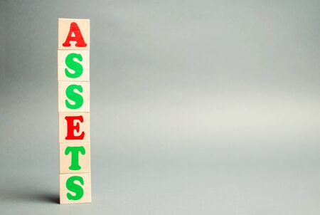 Wooden blocks with the word Assets. Resource owned by the business. Financial accounting. Money and finance. Cash equivalents, certificates of depositの写真素材