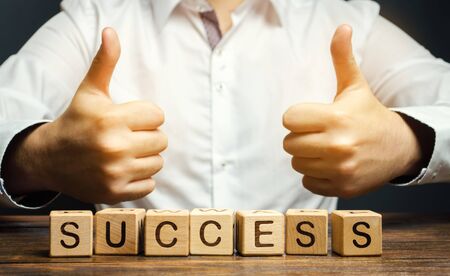 Wooden blocks with the word Success and businessman. Successful business concept. Achieving the goal, overcoming difficulties. The growth of profits and earnings in the company. Performanceの写真素材