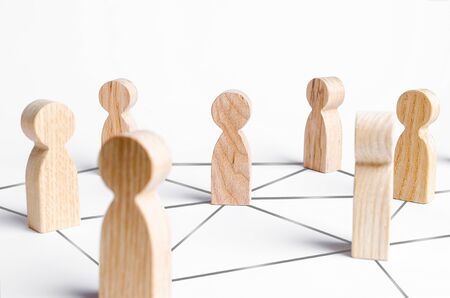 People are connected by a network of gray lines. Communication and social networks. Cooperation and...