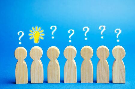 Team of workers with question marks and light bulb of an idea. Ideas and innovation. Creative business process. Strategy and Management. Talented employee conceptの写真素材