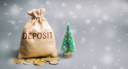 Money bag with the word Deposit, coins and Christmas tree with snow. Promotional New Year's deposit. Rates, deposits and interest. Business and finance.の写真素材