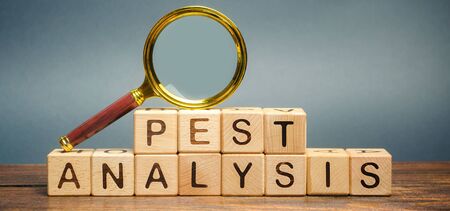 Wooden blocks with the word PEST analysis and a magnifying glass. Political, economic, socio-cultural and technological analysis. Strategic management and planning, market research. Business conceptの写真素材