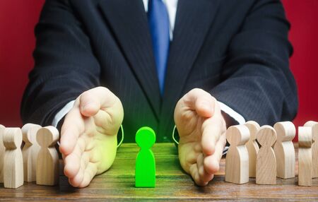 Businessman finds a person he is looking for in a crowd. Search recruiting new talented specialists workers. qualities skills of candidate. Skilled employees, leader. Human resources. Toxic employeeの写真素材