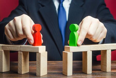 Mediator organizes a meeting negotiations between parties side conflict. Establishing contact. Truce...