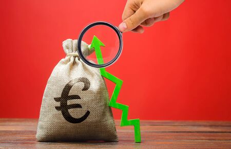 Euro money bag and green up arrow. The concept of a successful business. Increase profits and capital. Budget and income growth. Investmentsの写真素材