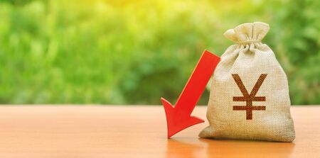 Yen yuan money bag and red arrow down. Economic decline difficulties. Depreciation of national currency, inflation, investment attractiveness. Deposit interest rate reduction. Falling stock marketsの写真素材