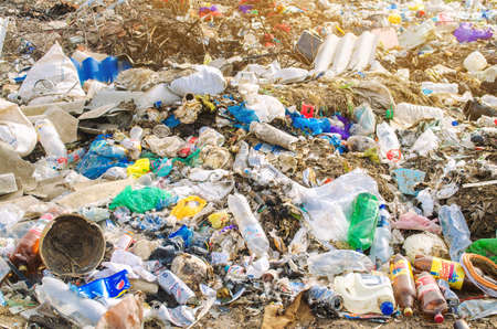 KHERSON, UKRAINE - MARCH 28, 2020: Heaps of garbage in the forest. Illegal garbage dump in nature....
