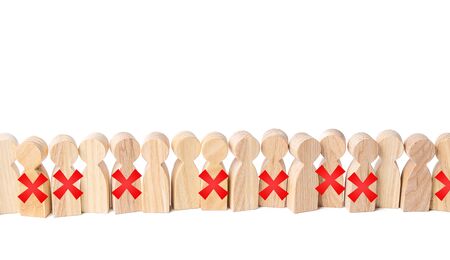 Line of people with red X. Loss of jobs and massive staff employees job cuts. Reducing staff to maintain business. Far-reaching consequences of crisis lockdown. Work layoffs due pandemic quarantine.の写真素材