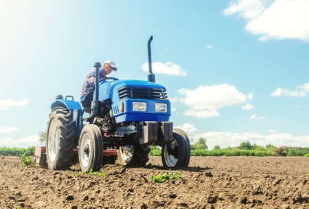 Farmer on a tractor cultivates land after harvesting. Development of agricultural technologies....
