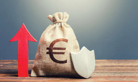 Euro money bag with a shield and a red arrow up. Increasing the maximum amount of guaranteed insurance compensation for deposits. Financial system stability. Safety security of investments, savings.の写真素材