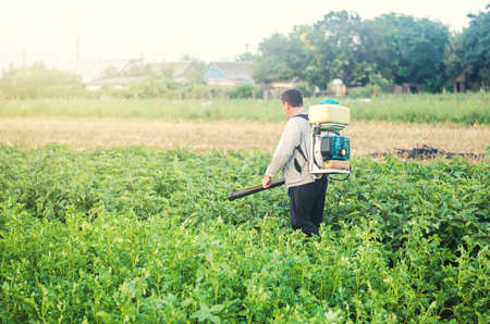 A farmer with a mist sprayer blower processes the potato plantation from pests and fungus infection. Protection and care. Use chemicals in agriculture. Agriculture and agribusiness. Harvest processingの写真素材