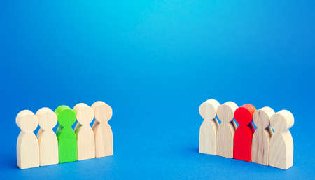 The two opposing sides. Resolution of conflict through negotiations. Mediation and Arbitration. Concluding a truce, end of confrontation. Competition, rivalry between teams. Deescalation of dispute.の写真素材