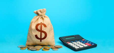 Dollar money bag and calculator. Accounting concept. Analysis of loan selection. Budgeting. Income...
