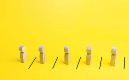 Figures of people stand in queue behind lines keeping a social distance. Discipline of compliance...