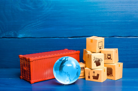 Red cargo container with boxes and blue globe of planet Earth. Global international trade in goods....