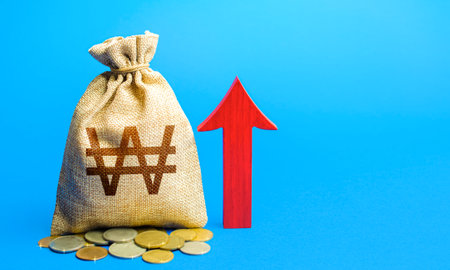 South korean won money bag with red arrow up. Raising taxes. Deposit interest. Increase in profitability and prosperity, higher living standards. Recover financial system after crisis. Budget growthの写真素材