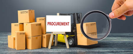 Yellow Forklift truck with cardboard boxes and stand with the word Procurement. Logistics, warehousing, transportation of goods, inspection and storage. Procurement management industry concept.の写真素材