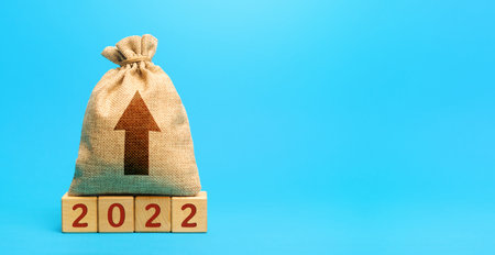 Money bag and up arrow with wooden blocks 2022. Business forecasting. Growth and development of business and economy. Planning. Strategy and management. Targets and goals. Financial plan, performanceの写真素材