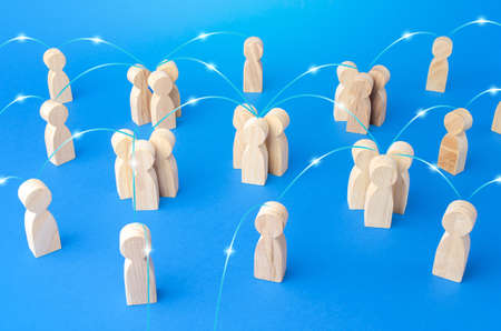 Groups of people and persons connected by lines form a social network. Communication, interaction and involvement of specialists. Contacting, communicate exchange of information. Relationship conceptの写真素材
