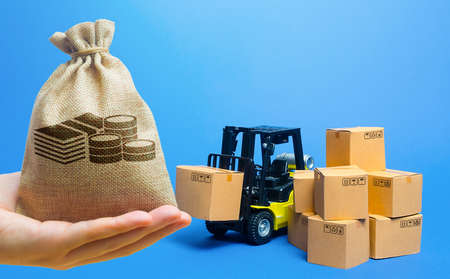 Money bag, forklift truck with cardboard boxes. Transportation logistics infrastructure, import and...